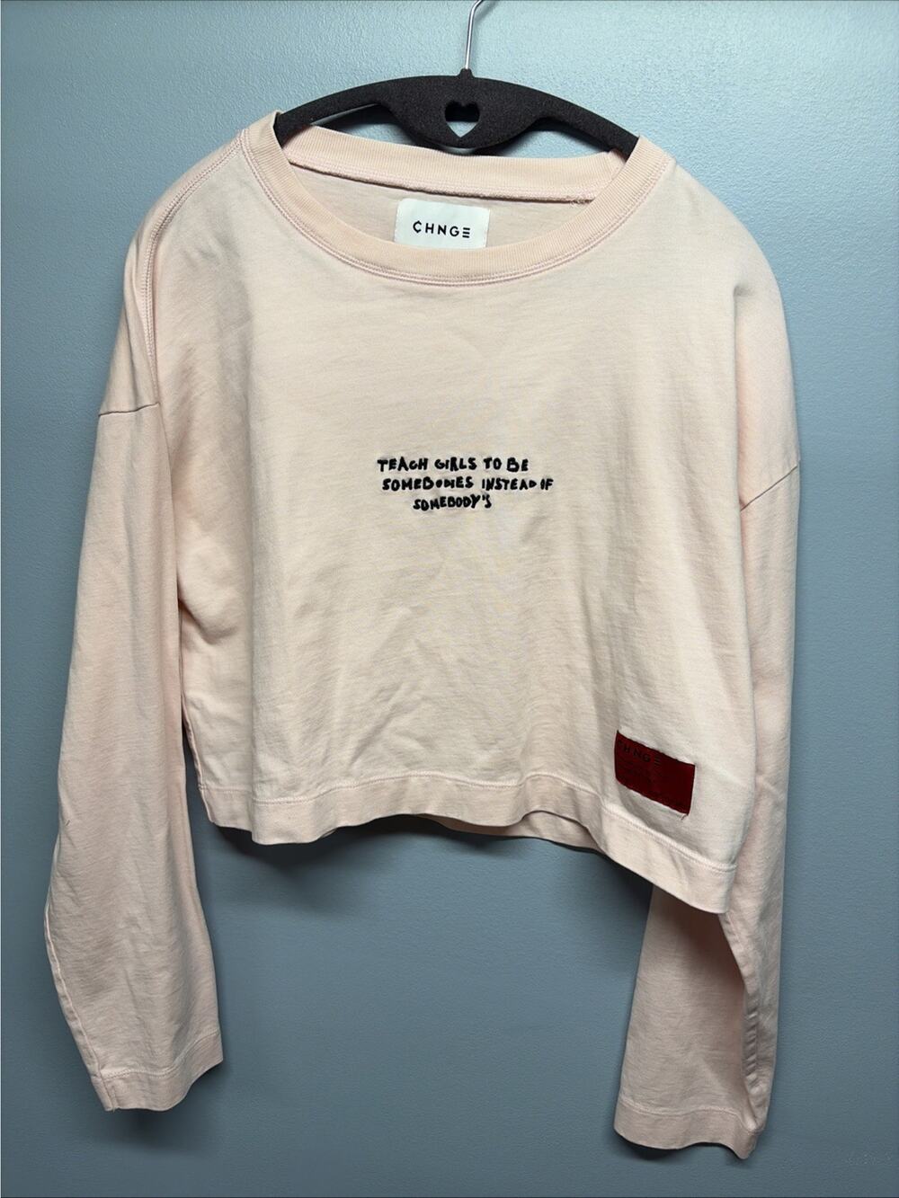 CHNGE Long Sleeve Pink Shirt Embroidered (M) Teach Girls To Be Somebodies...